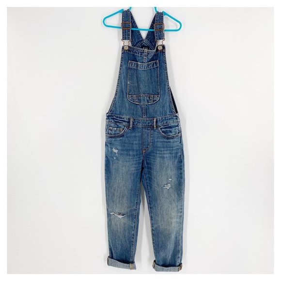 GAP Denim Overalls Girls Size S Distressed Roll Cuff Hem Bib Patch Pocket - Picture 1 of 9